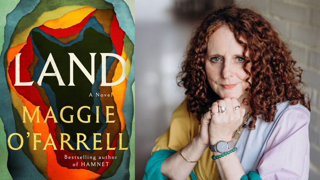 Maggie O'Farrell "Land" book cover and author headshot for 2026 tour at The Music Hall.