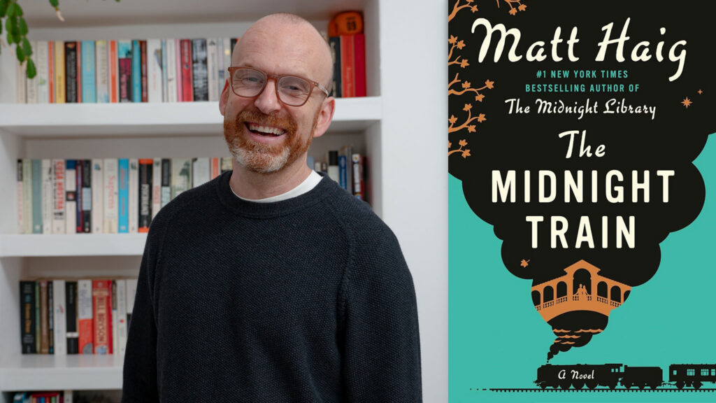 Matt Haig "The Midnight Train" book cover and author photo for June 1 event at The Music Hall.